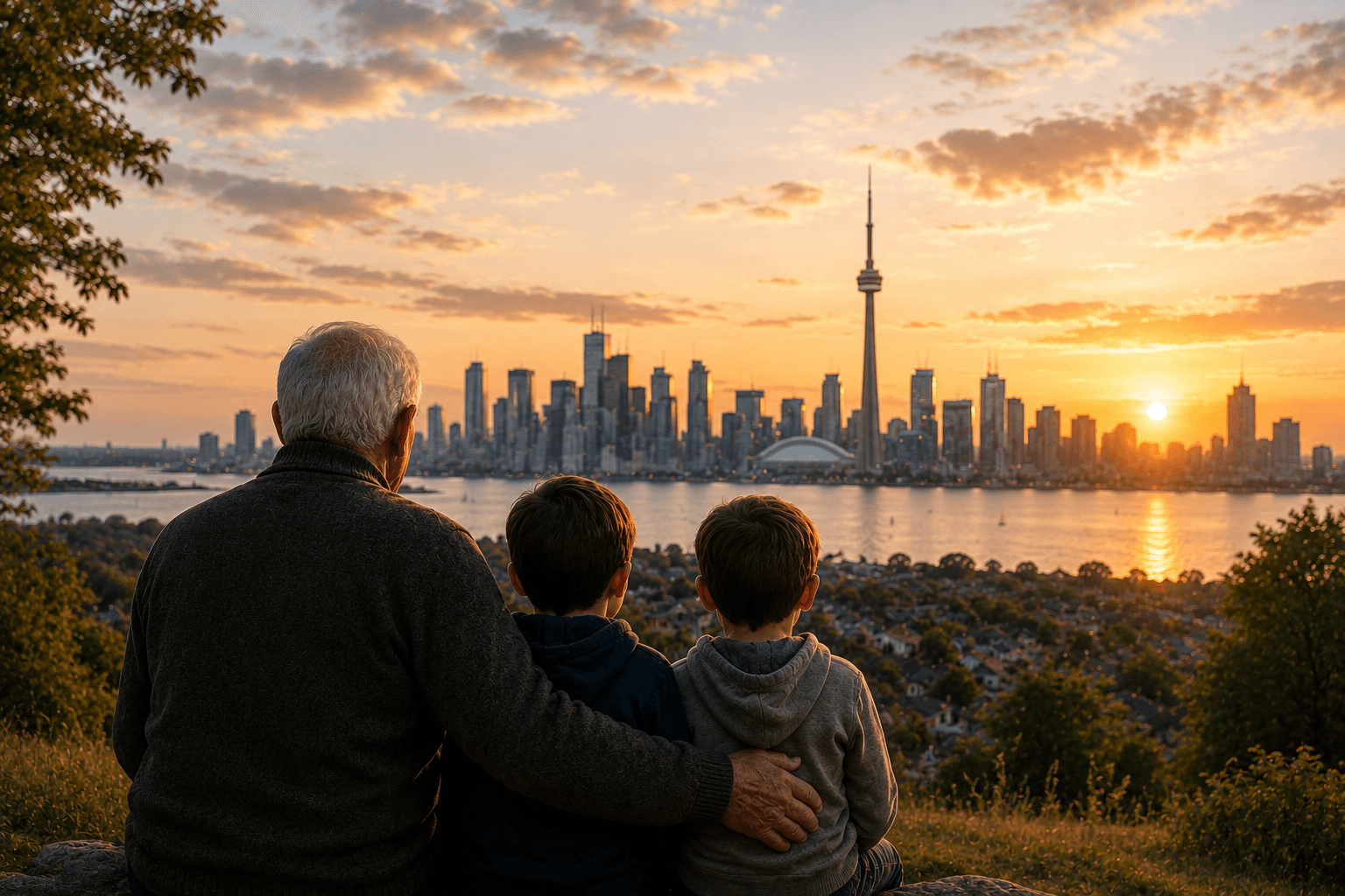 Grandfather and grandchildren overlooking Toronto skyline at sunset